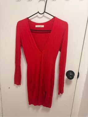 OOTDFash Red Long-Sleeve V-Neck Bodycon Dress